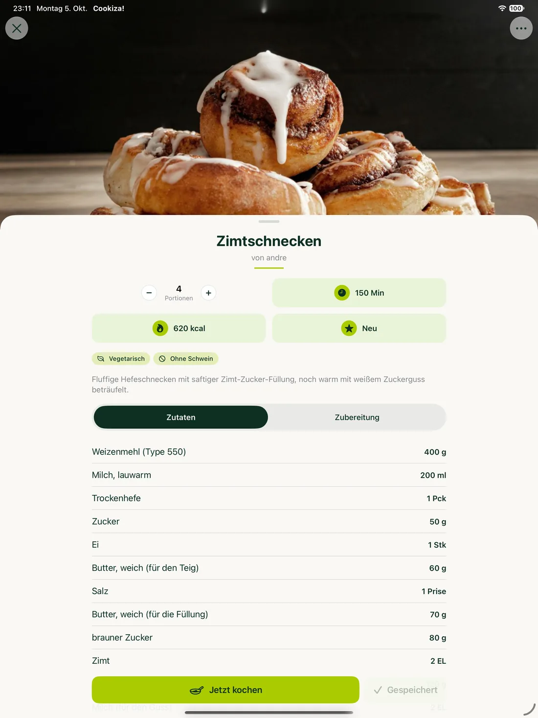 Cookiza! iPad – Zutaten und Portionen im Blick.