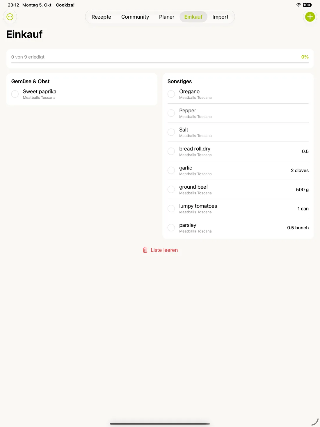 Cookiza! iPad – Den Einkauf übersichtlich planen.